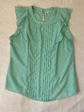Elle Mint Ruffle Front Polka Dot Sleeveless Blouse Size Medium